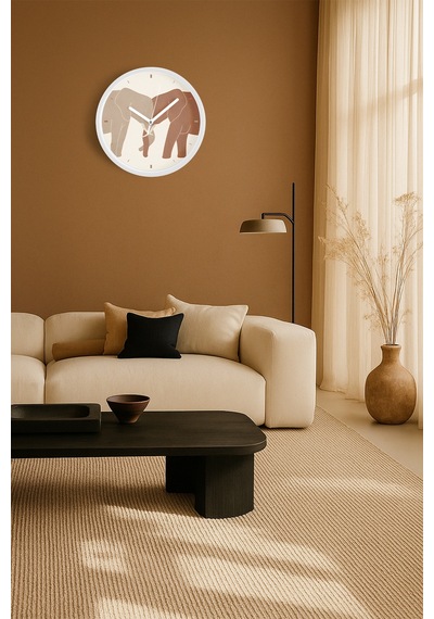 Soyut - Bohem - Minimalist Fil Çiftleri İllüstrasyonu Modern Duvar Saati - 30cm - Önü Camlı Beyaz