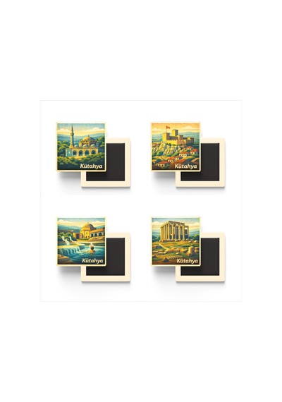 Kütahya - 4'lü Memleket Seti - Baskılı Buzdolap Magneti Kare - 9x9 Cm - 4 Adet