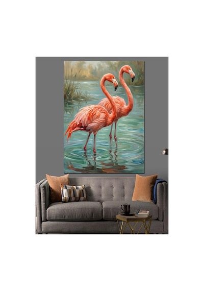 Su İçinde Duran Pembe Flaminpolar Yağlı Boya Dokulu Kanvas Tablo Canvas Tablosu