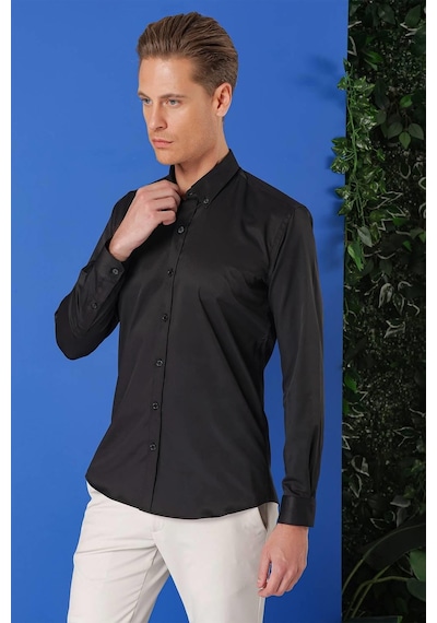 Efor Slim Fit Düğmeli Yaka Pamuklu Klasik Siyah Gömlek Gk 714 Siyah