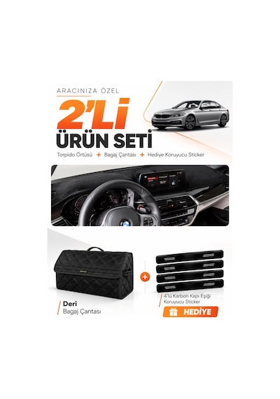 Bmw G30 G31 G38 2017-2023 Uyumlu Torpido Örtüsü + Deri Bagaj Çantası + Sticker Seti - Siyah
