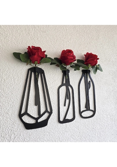 Kırmızı Gül Çiçekli Dekoratif Tablo 3 Lü Set - Siyah