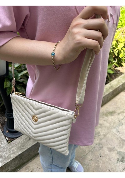 Kadın Suni Deri Krem Renkli Ayarlanabilir Çapraz Ve El Askılı Portföy, Clutch Çanta Krem