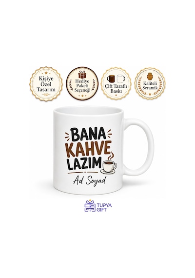 Kişiye Özel Bana Kahve Lazım Yazılı Komik Baskılı Kupa Bardak Hediye Beyaz / Çok Renkli