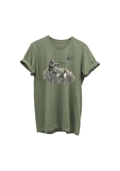 Outdoor Avcılık Avcı, Köpek Ve Kuş Desenli %100 Pamuk Regular Fit Bisiklet Yaka Unisex T-shirt Haki