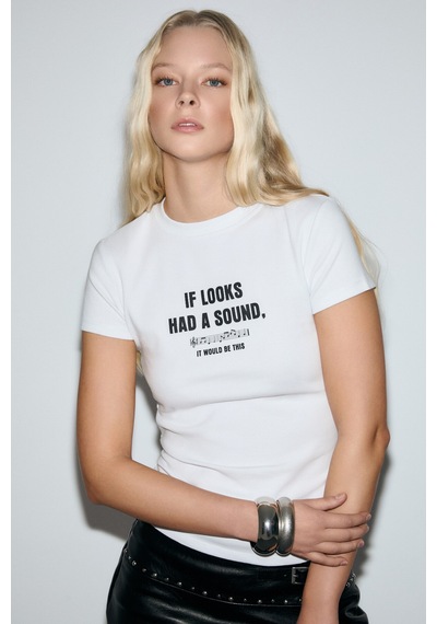 ETHIQUET CASSE INA Kadın Yumuşak Ve Esnek Kumaşlı Baskı Detaylı Bisiklet Yakalı Beyaz T-Shirt