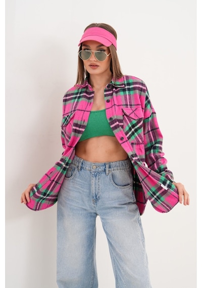 Mamayaga Kadın Desen Bloklu Oduncu Oversize Bol Ve Geniş Kalıp Casual Cepli Yakalı Ceket Gömlek Pembe
