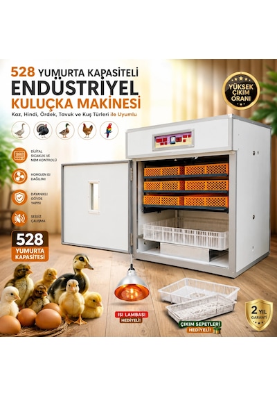 528 Yumurta Kapasiteli Endüstriyel Kuluçka Makinesi - 3 Çeşit Viyollu, Çıkım Sepetli + Isı Lambası Hediyeli