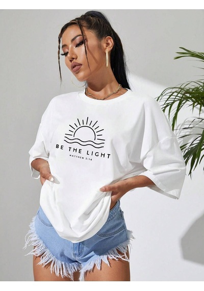 Be The Lıght Kadın Renkli Özel Baskılı Oversize Süprem Bisiklet Yaka T-shirt Beyaz