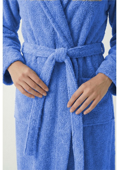 %100 Pamuklu Unisex Bornoz Şalyaka Cepli Büyük Beden 3xl 4xl Erkek Kadın Bornoz Mavi