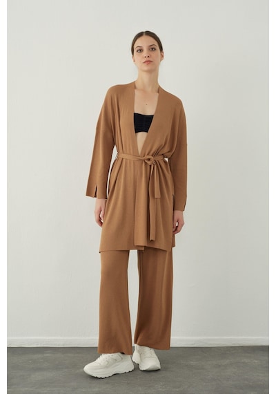 Sherin Camel Düz Yakalı Basic Triko Hırka - Camel