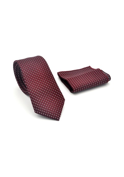 Gaffy Beyaz Küçük Kare Desenli Bordo Dokuma Kumaş Mendilli Slim Fit Kravat // Sdk-2511-3 Bordo