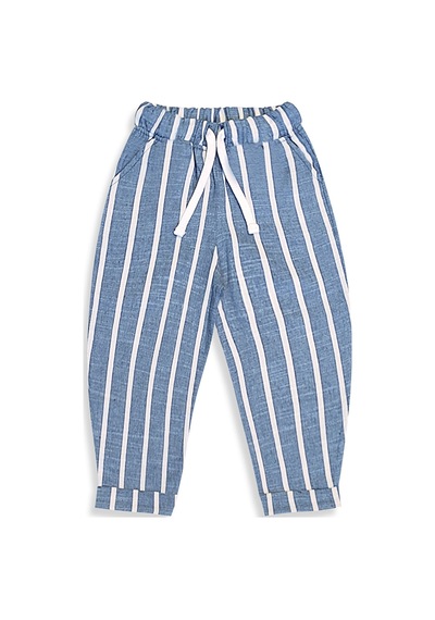 Mavi Çizgili Dokuma Unisex Kız Erkek Çocuk Dokuma Pantolon İlkbahar-Yazlık 2-8 Yaş