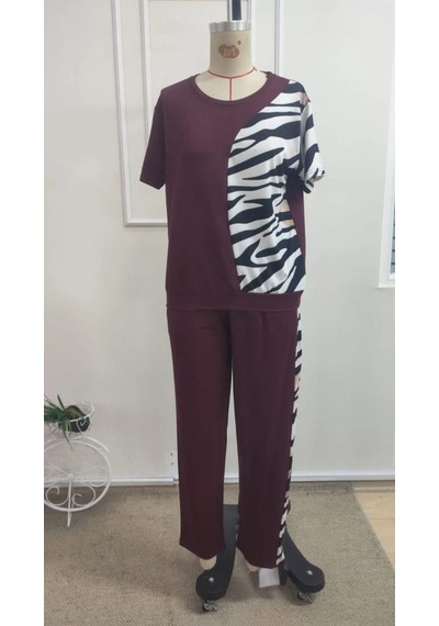 Valensdesign Kadın Kısa Kollu Bisiklet Yaka Zebra Desen Bluz Ve Pantolon Ikili Takım Bordo