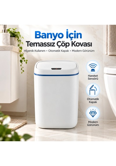 Bay Banyo İçin 20 Litre Temassız Sensörlü Çöp Kovası Beyaz Najmaddin Standart