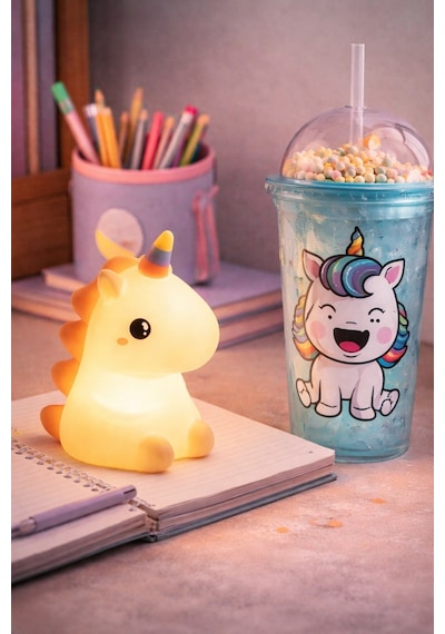 2 Li Set Işıklı Renkli Unicorn Figürlü Gece Lambası & Pipetli Boncuk Detaylı Suluk Bardak Mavi 450ml Set