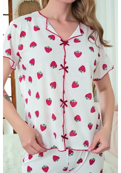 SUDE HOMEWEAR Kadın Örme Kumaş Strawberry Pattern Kısa Kol Pijama Takımı Beyaz