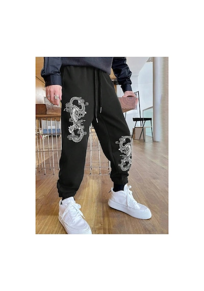 Tarzsokak Dragon & Letter Graphic Drawstring Waist Eşofman Altı Siyah