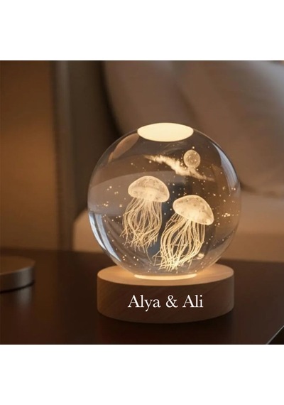 Büyük Boy Işıklı Ahşap Kaideli 3d Denizanası Temalı Cam Küre 8cm