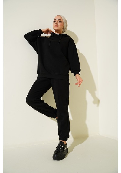 Hiccup Bdart Oversized Kapüşonlu Sweatshirt Ve Pantolon Aktif Seti Siyah