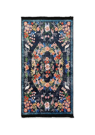Lacivert Çiçekli Vintage Halı Kanaviçe Görünümlü Bambu Kumaş