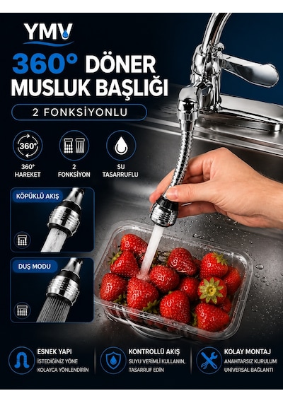 Ymv 360 Derece Döner Esnek 2 Fonksiyonlu Musluk Başlığı Mutfak Lavabo Batarya Çeşme Ucu 360 Ayarlanabilir Dönerli Musluk Başlığı