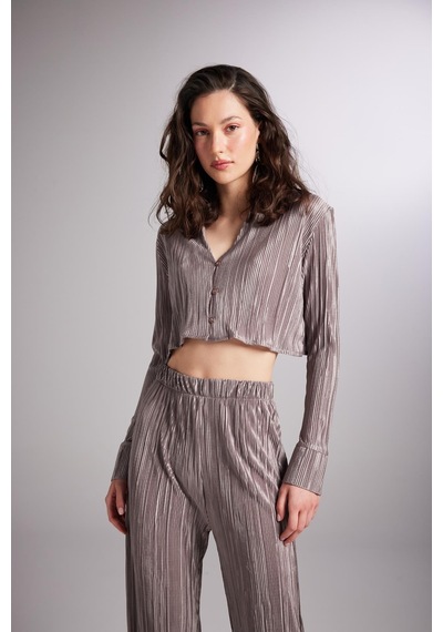 Holly Lolly Crop Model Düğme Kapamalı Comfy Crop Gömlek Vizon