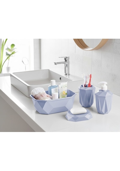 Geometrik Tasarımlı 4 Lü Banyo Seti Sabunluk Diş Fırçalık, Sıvı Sabunluk Sepet Açık Mavi