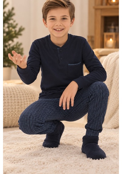 Tarık İki İplik Kareli Gez Boy Erkek Pijama Takımı 11-16 Yaş -ta4477310 - Lacivert