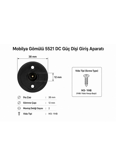 Mobilya Gömülü 5521 Dc Güç Dişi Giriş Aparatı 80 Cm Jst Xh Çıkışlı Güç Bağlantı Kablosu