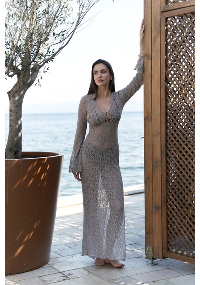 Mai Collection Mai Studios Co. Caroline Dantelli Vizon Uzun Elbise Vizon
