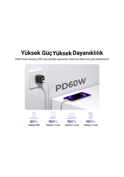 60w 3a Pd Type-c To Type-c Hızlı Şarj Ve Data Kablosu Siyah 1 Metre Standart