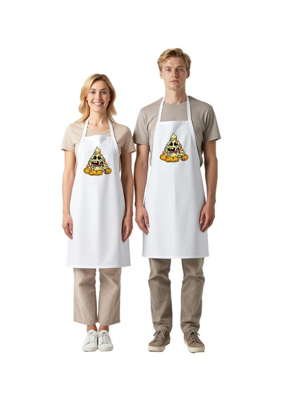 Unisex Mutfak Önlüğü Pizza Yüzlü Komik Baskılı Aşçı Rahat Kesim G Beyaz
