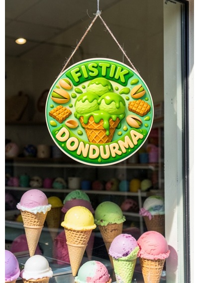 Fıstık Dondurma Görselli Ahşap İpli Kapı Duvar Süsü Cafe Ve Dondurmacı Dekoru