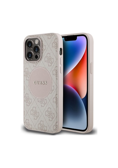 Apple Uyumlu iPhone 14 Pro Max Kılıf Guess Lisanslı M-safe Şarj Özellikli Yazı Logolu Circle Classic Kapak Pembe