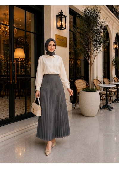 Esra Butik78 Lamine Denye Piliseli Etek 90 Cm Standart Beden 38-44 Uyumlu Gri