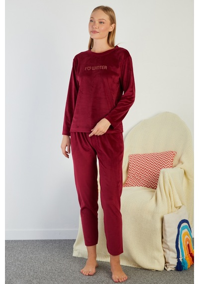 Fullamoda I Love Winter Kabartma Baskılı Kadife Pijama Takımı Bordo