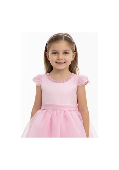 Ayışığı Kız Çocuk Taş Yaka Detaylı Şifon Abiye Elbise Pembe 2-6 Yaş Pembe