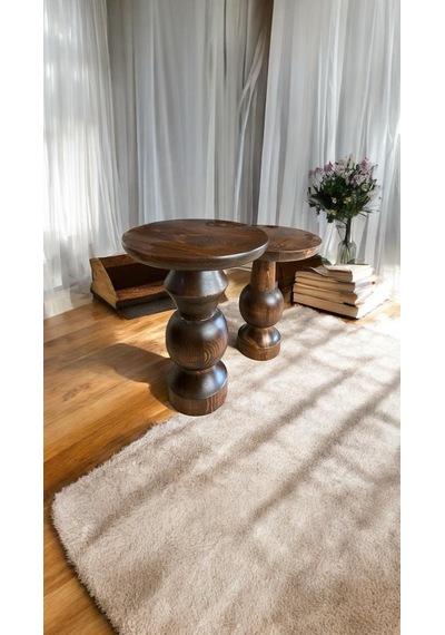 Wood Wooden Ahşap 2'li Set Mantar Yan Sehpa Modern Fiskos / Ceviz