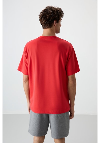 Air Jones Tommy Life Fiesta Pamuklu Kalın Yüzeyi Dokulu Oversize Fit Baskılı Erkek T-shirt - 88365 Kirmizi