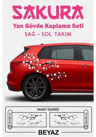 Sakura Kiraz Çiçeği - Yan Gövde Sticker Seti Kaplama Beyaz - 864812509