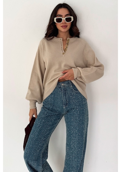 Noa & Noa Kadın Düğmeli Triko Kazak Red Stitch Bej