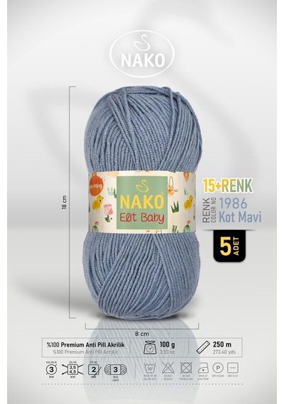 Elit Baby - 1986 Kot Mavi - 5'li Paket - 100gr/250m - Bebek İpi - Anti Pilling Tüylenmez İp
