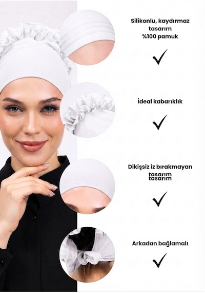 Alivascarf Kaymayan Fırfırlı Silikonlu Dikişsiz Kaymaz Bone Kadın Tesettür Bağlamalı İç Bone Beyaz