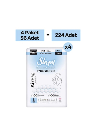 Sleepy Bio Natural Premium Plus Airbag Comfort Ultra Paket Bebek Bezi 3 Numara Midi 224 Adet
