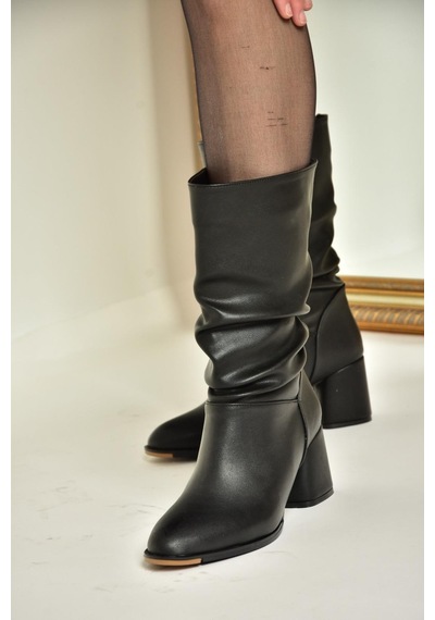 Fox Shoes T848243009 Siyah Kalın Topuklu Kadın Bot Siyah-Suni Deri Siyah