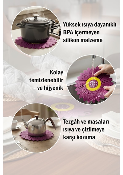 Ayçiçeği Model Kaymaz Silikon Nihale Tencere, Tava, Çaydanlık Ve Servis Altlığı 18,5 X 18,5 Cm Turuncu
