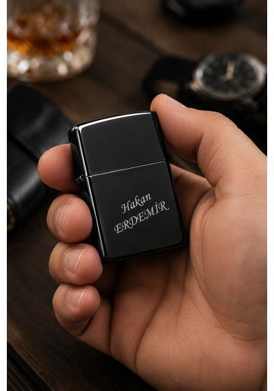 İsime Kişiye Özel İsim Yazılı Metal Benzinli Çakmak Premium Hediye Dolu Gönderim Siyah