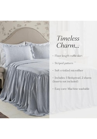 Ticking Çizgili Yatak Örtüsü Lacivert Vintage Şık Çiftlik Evi Tarzı Hafif 3 Parça Set King, Polyester Çok Renkli