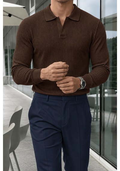 Genius Store Erkek Polo Yaka Kazak Fitilli Anti Pilling Tüylenme Yapmaz Regular Fit Erkek Triko Kazak Pyaka-kzk Kahverengi